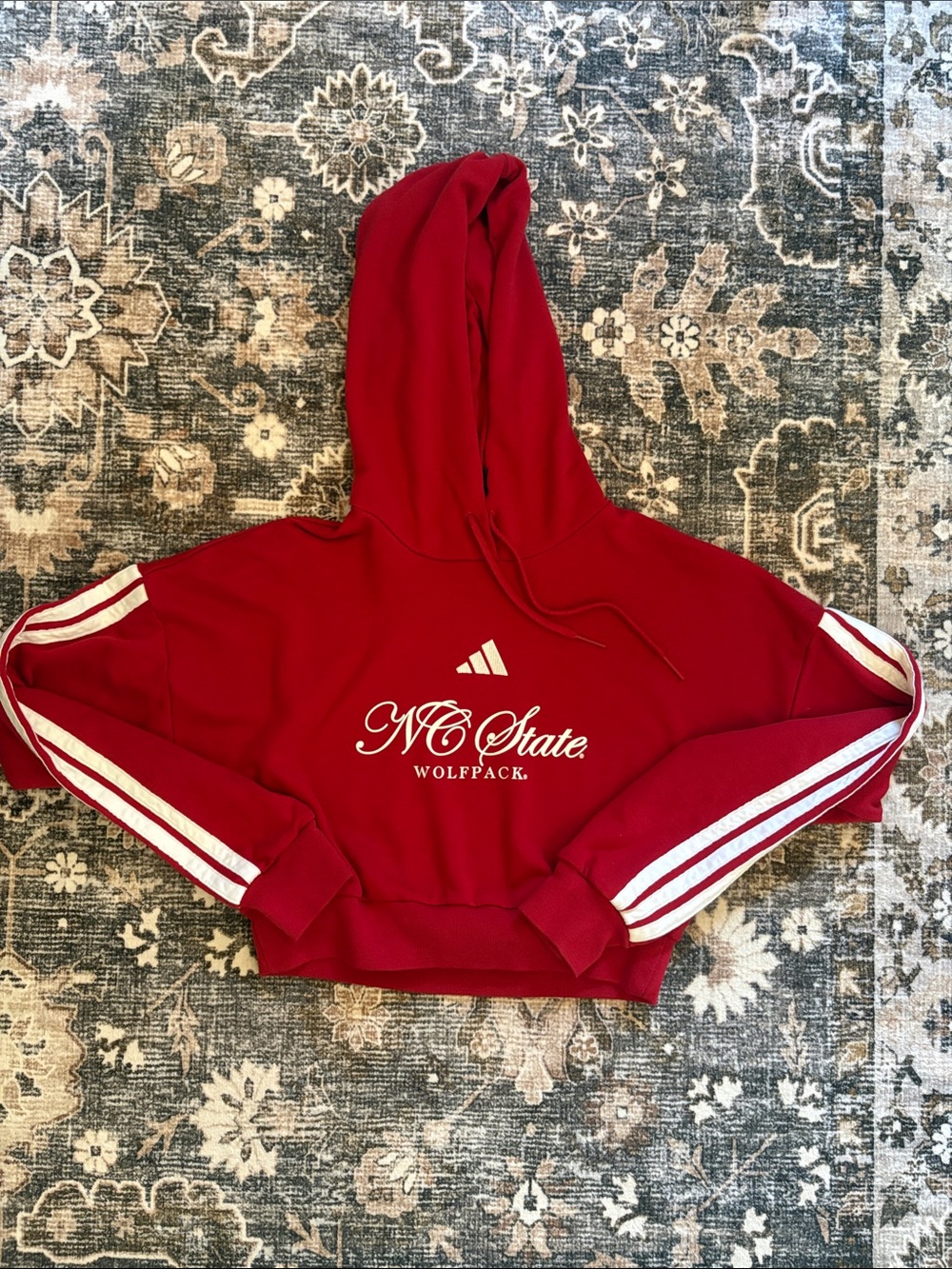 adidas Red NC State Wolfpack Cropped Hoodie with White Stripes